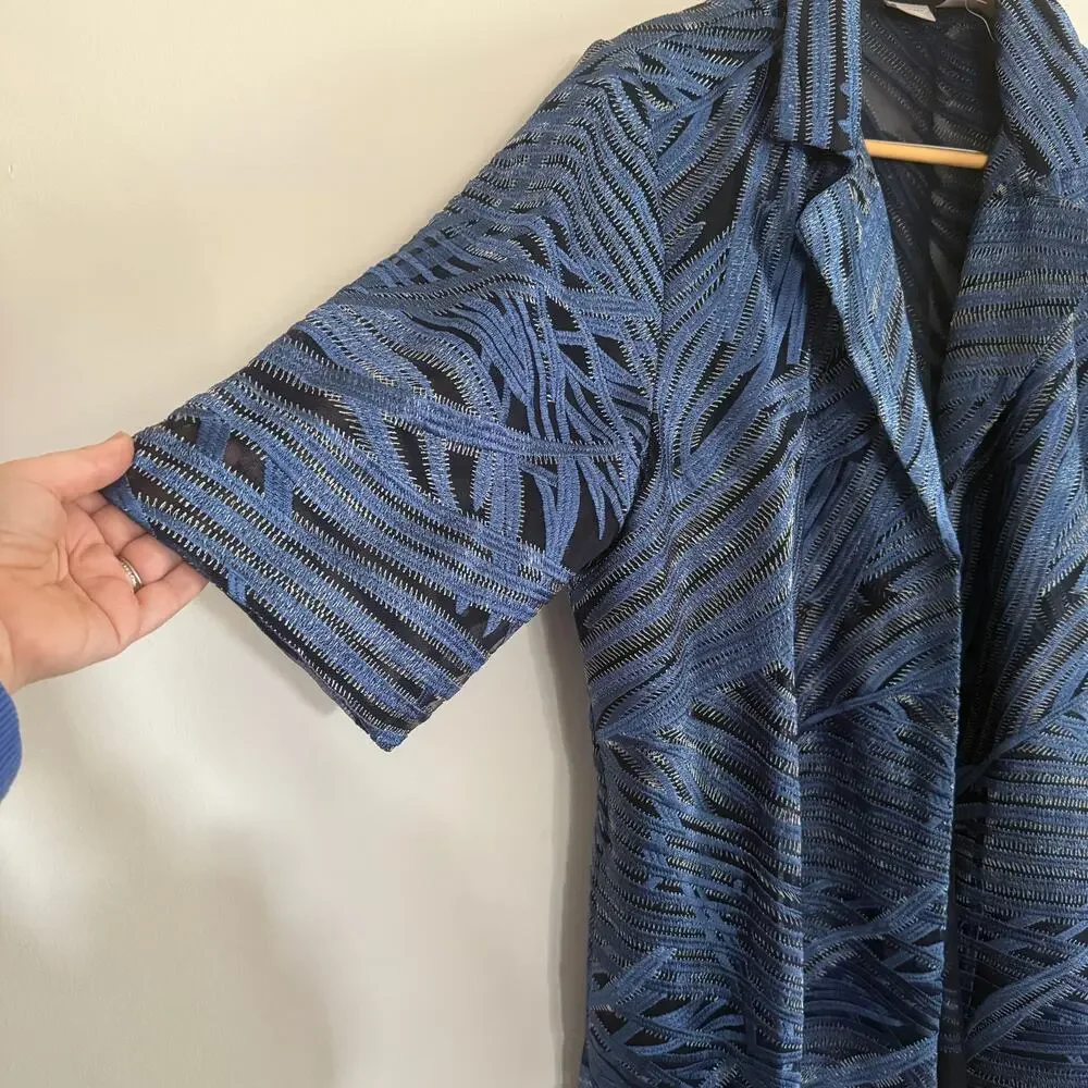 CHICO'S TRAVELERS Blue Whimsy Mesh Stripe Embroidered 3/4 Sleeve Jacket 4 26/28
